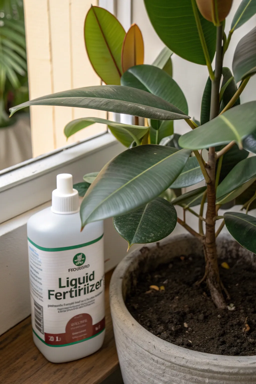 Bottle of liquid fertilizer next to a rubber plant