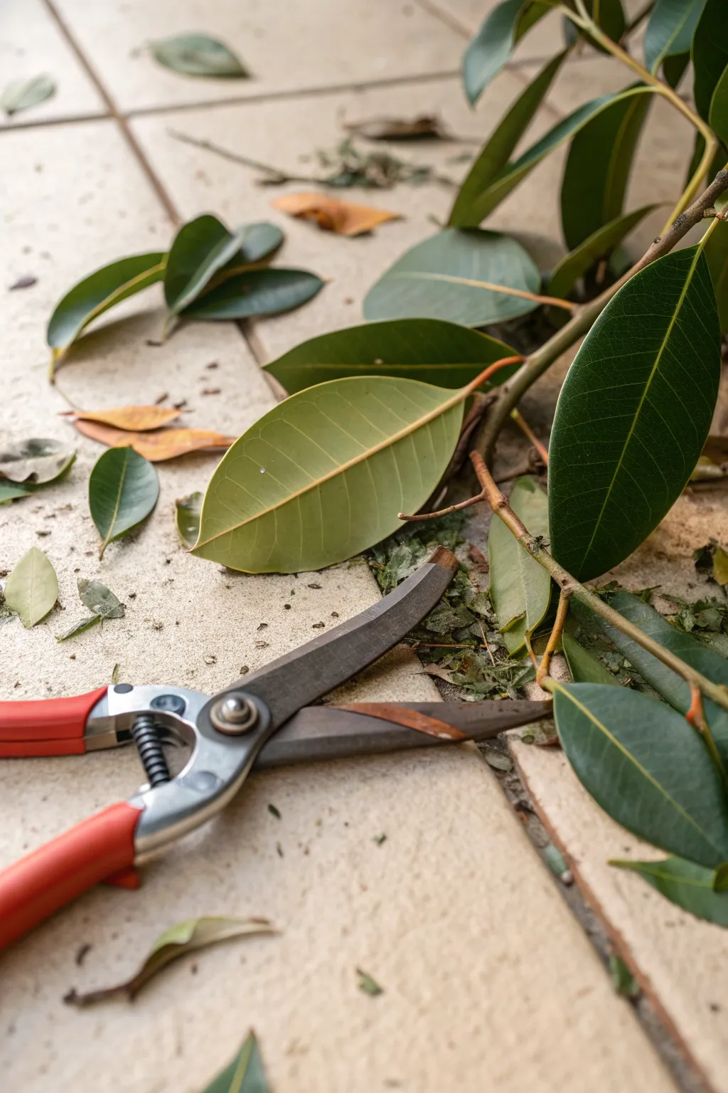 Person pruning a rubber plant with scissors