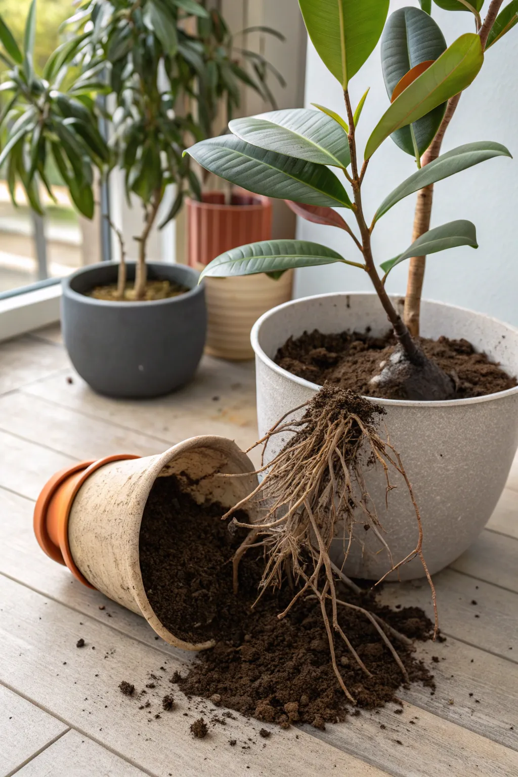 Repotting a rubber plant into a larger pot