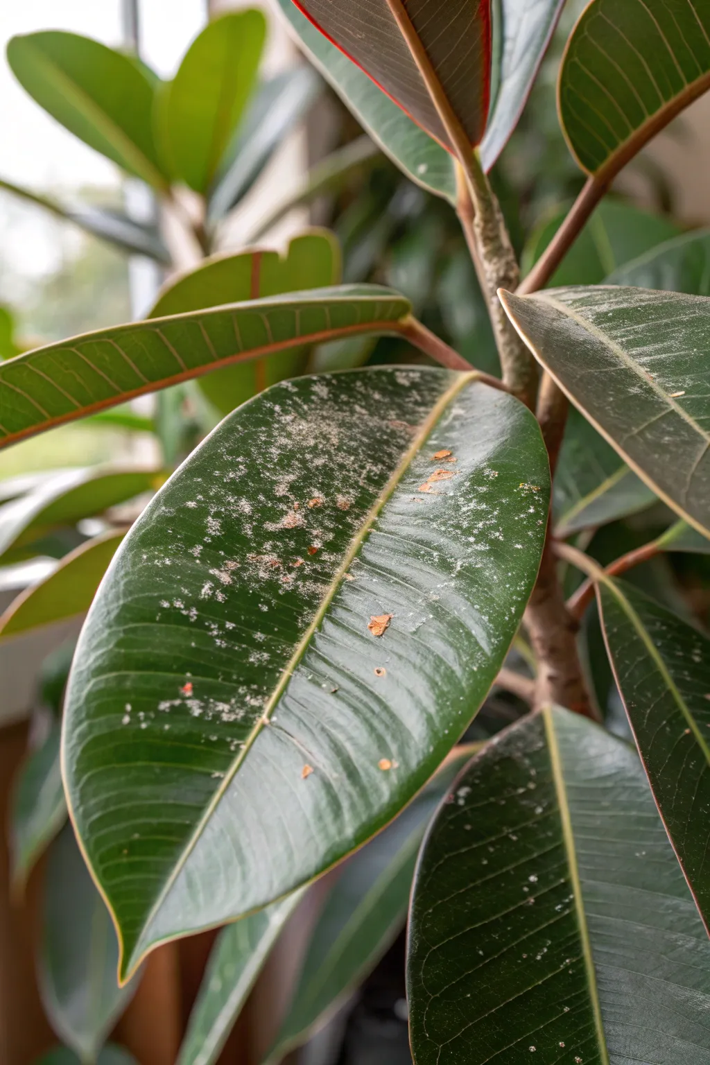 Close-up of rubber plant leaves with pest damage