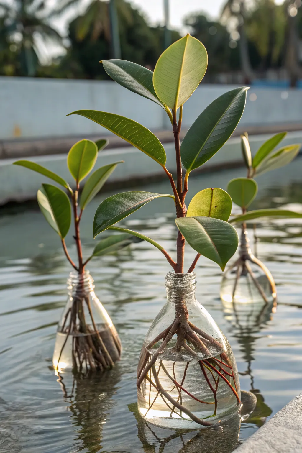 Rubber plant cuttings in water for propagation