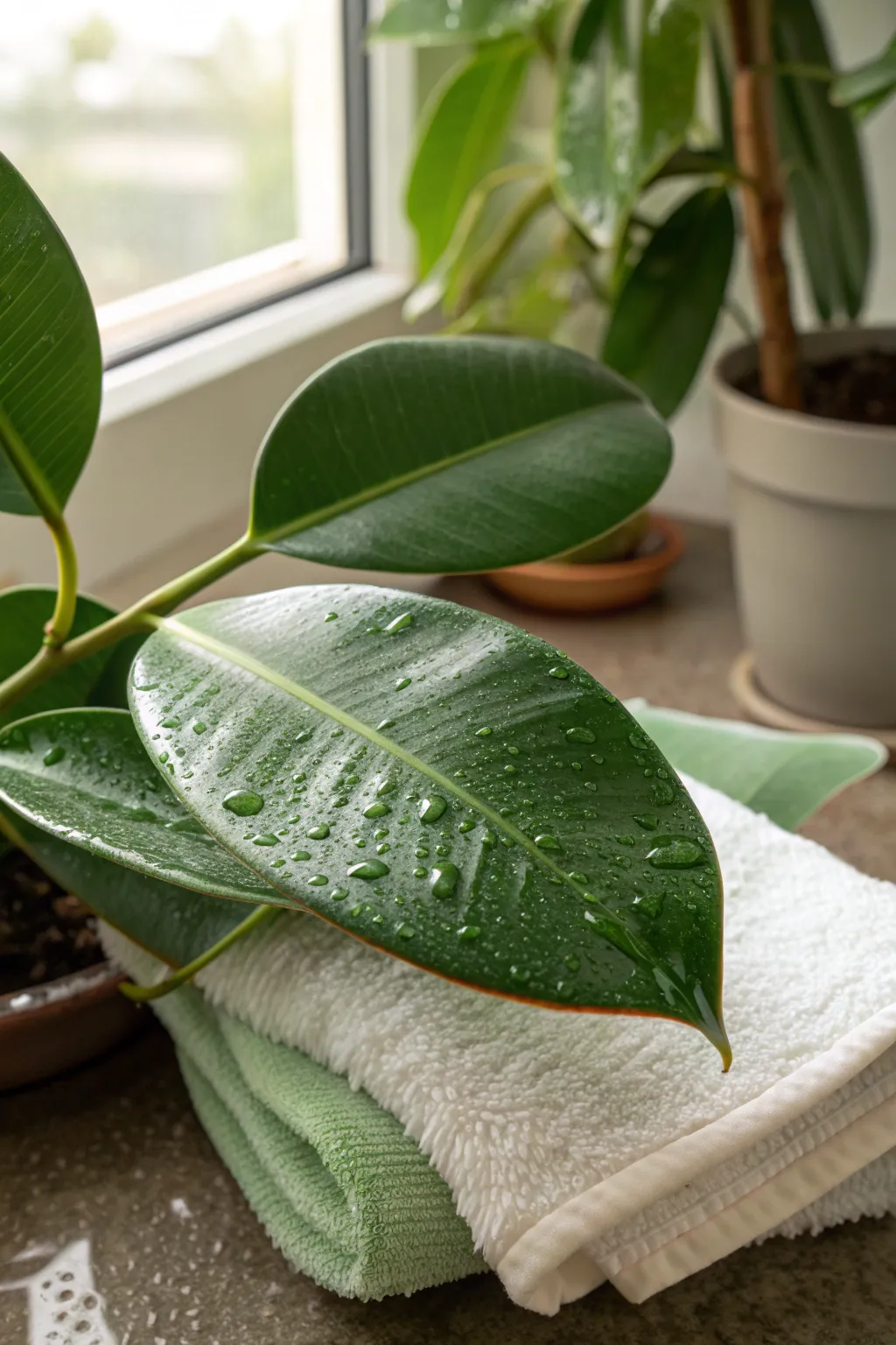 Person wiping rubber plant leaves with a damp cloth