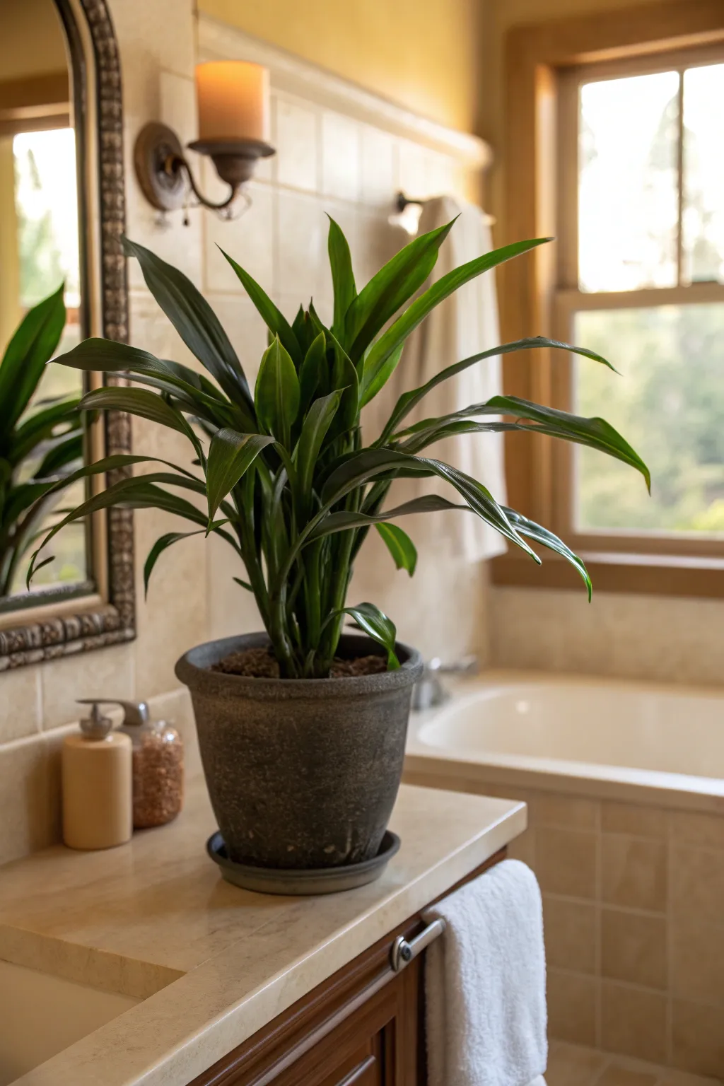 Cast Iron Plant placed on a bathroom shelf