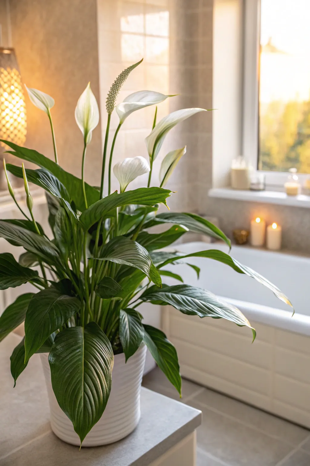 Blooming Peace Lily in a bathroom setting