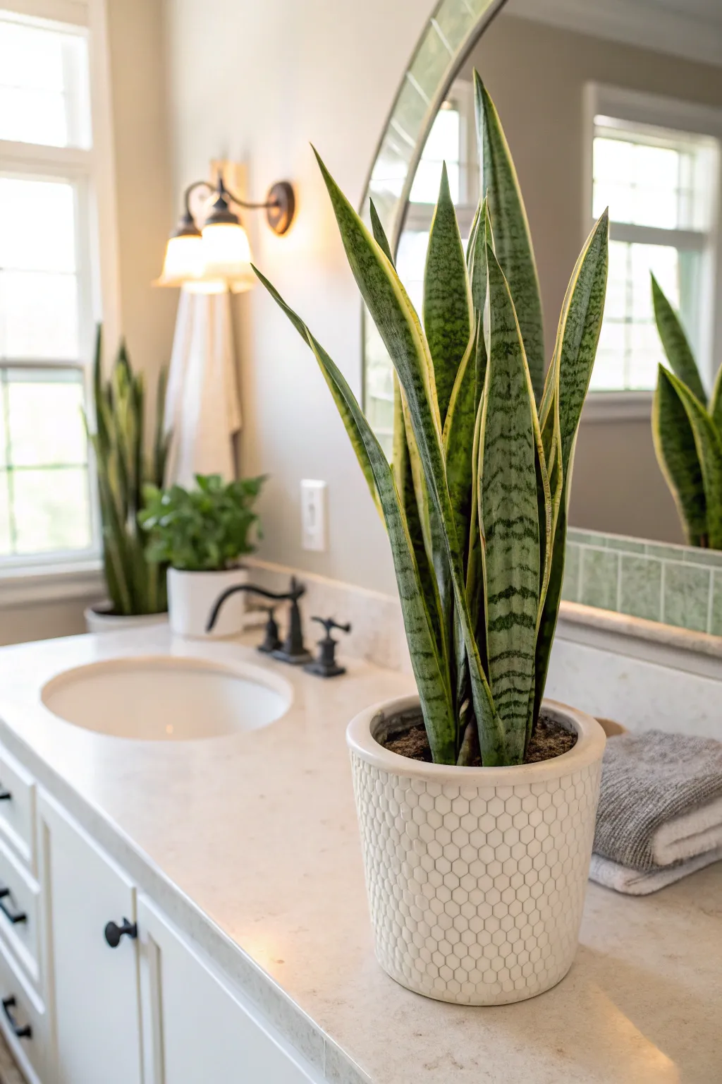 Snake Plant on a bathroom countertop