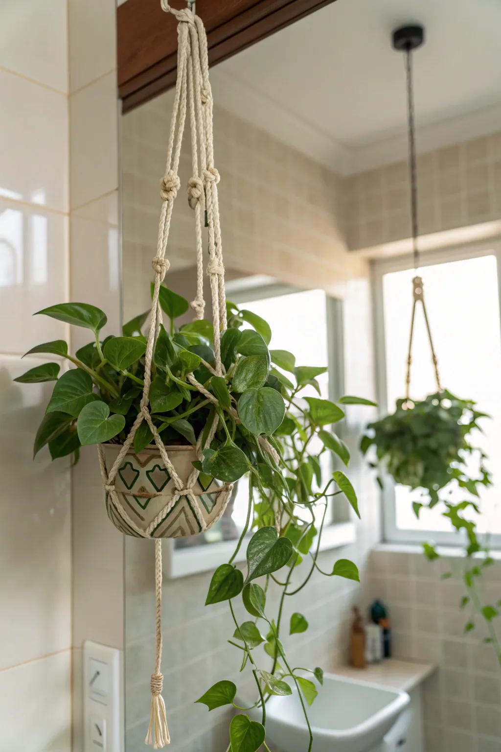 Hanging Pothos plant in a bathroom