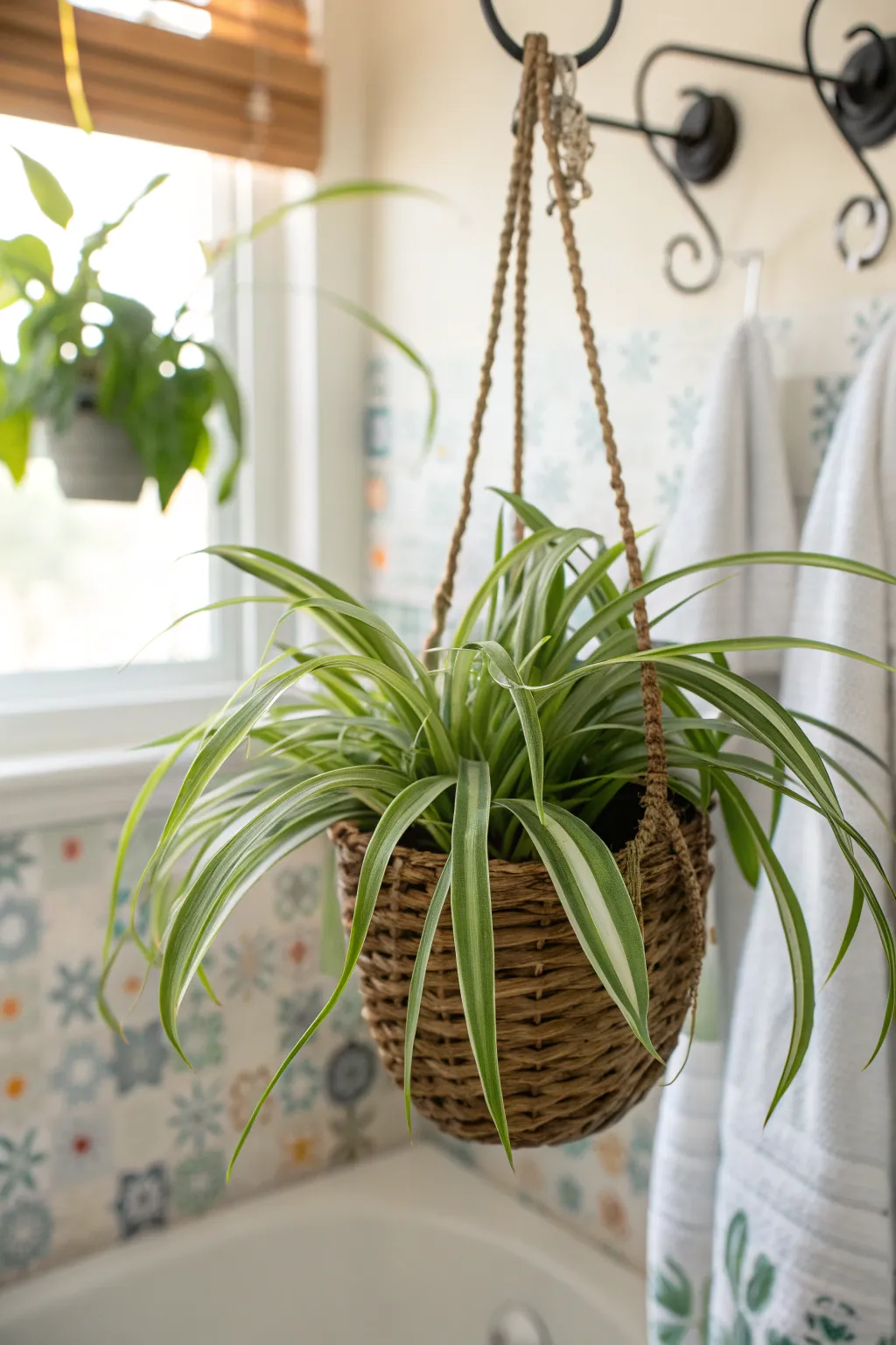 Spider Plant in a hanging basket in a bathroom