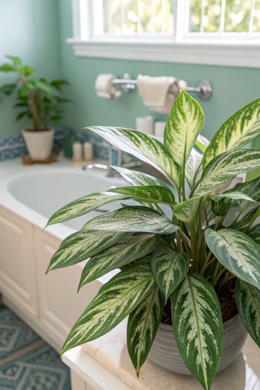 Chinese Evergreen plant in a bathroom
