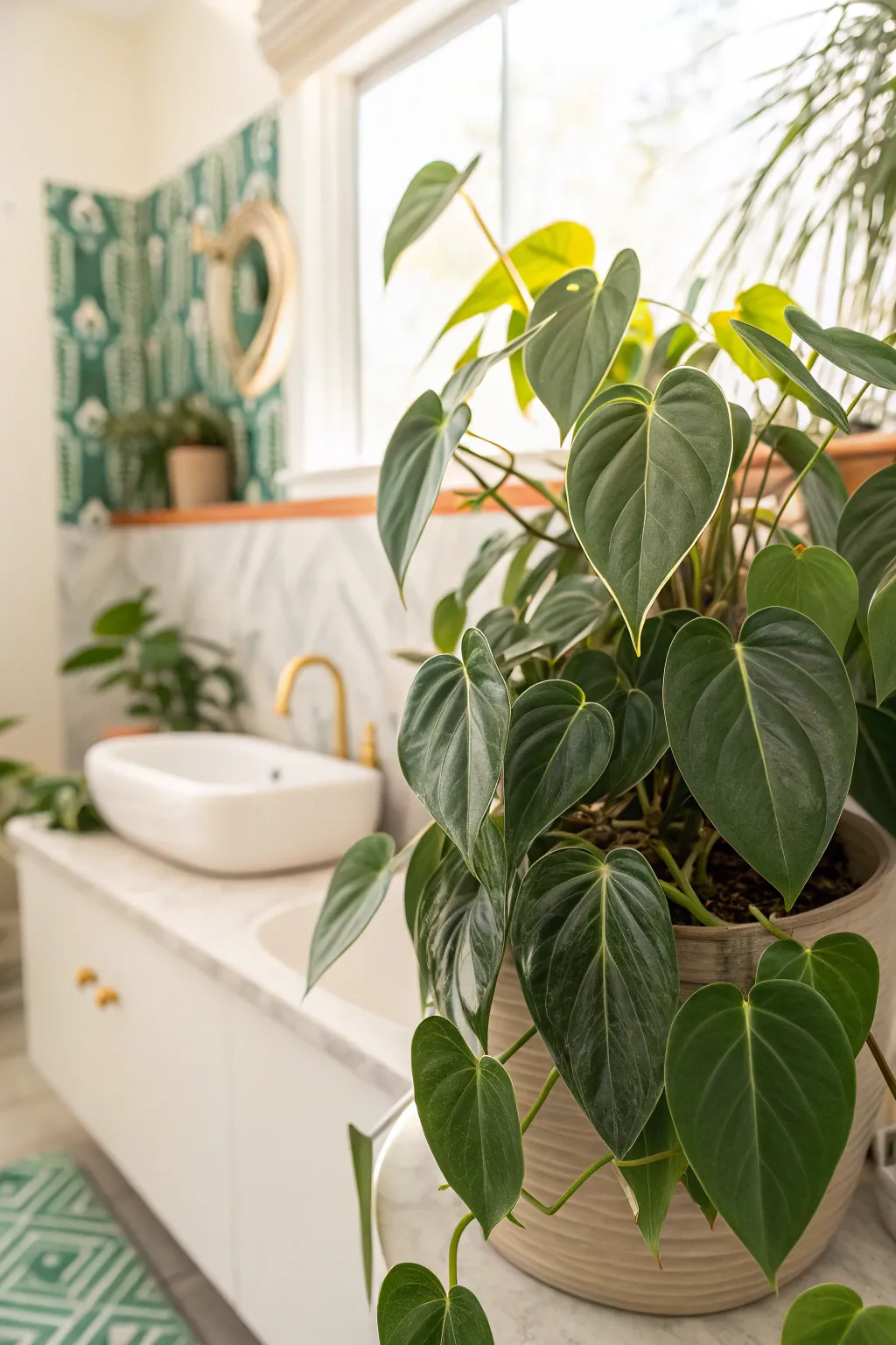 Philodendron plant in a bright bathroom space