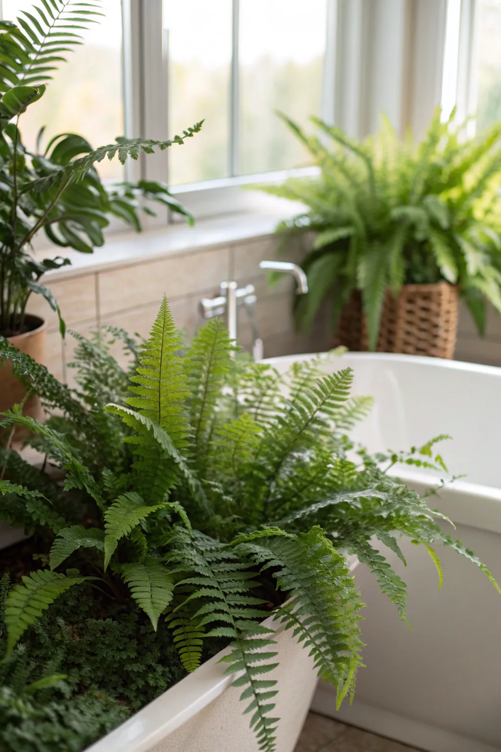 Ferns arranged in a bathroom setting