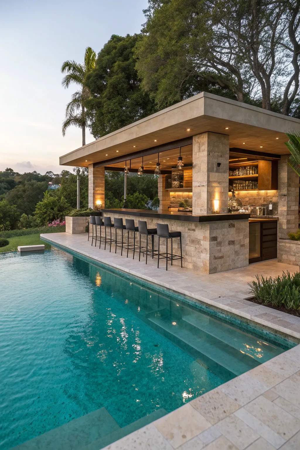 Sunken bar design in a swimming pool with friends enjoying drinks