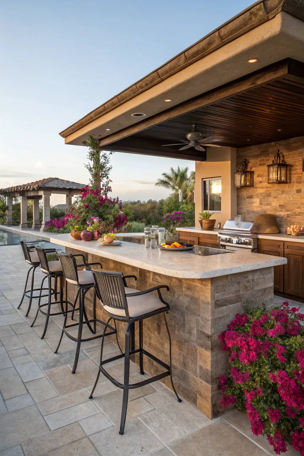 Outdoor pool kitchen with built-in seating area