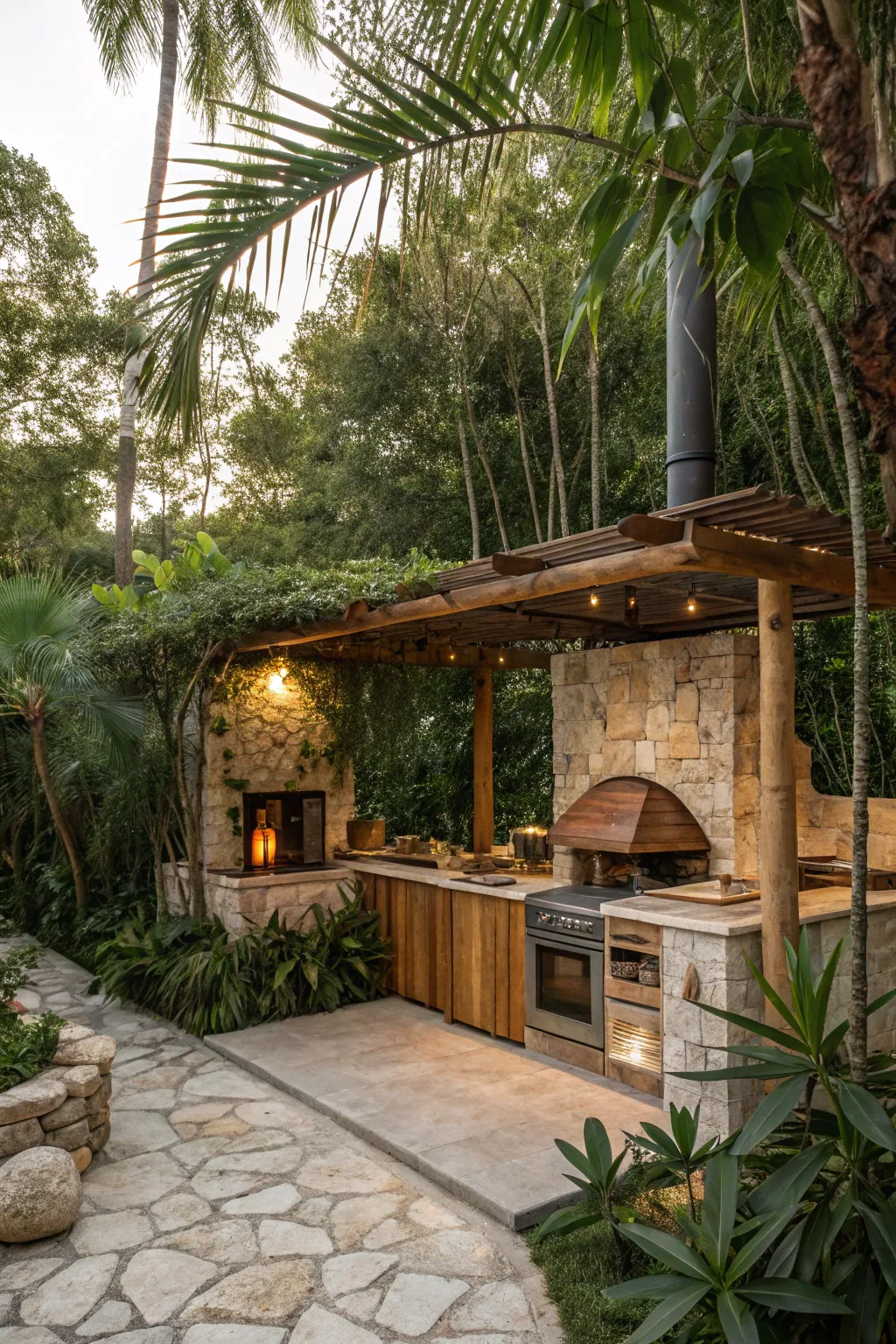 Tulum style outdoor kitchen with tropical decor