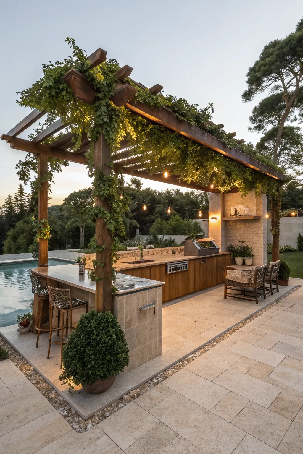 Outdoor kitchen by the pool with a wooden pergola