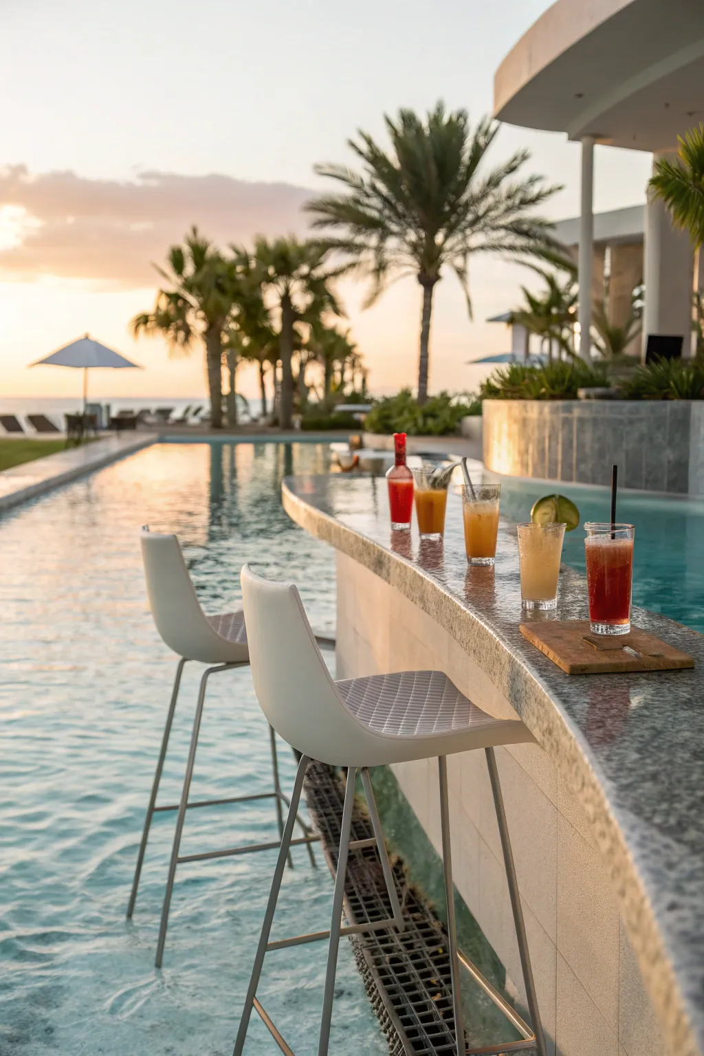 Swim-up bar integrated into a swimming pool with guests enjoying drinks