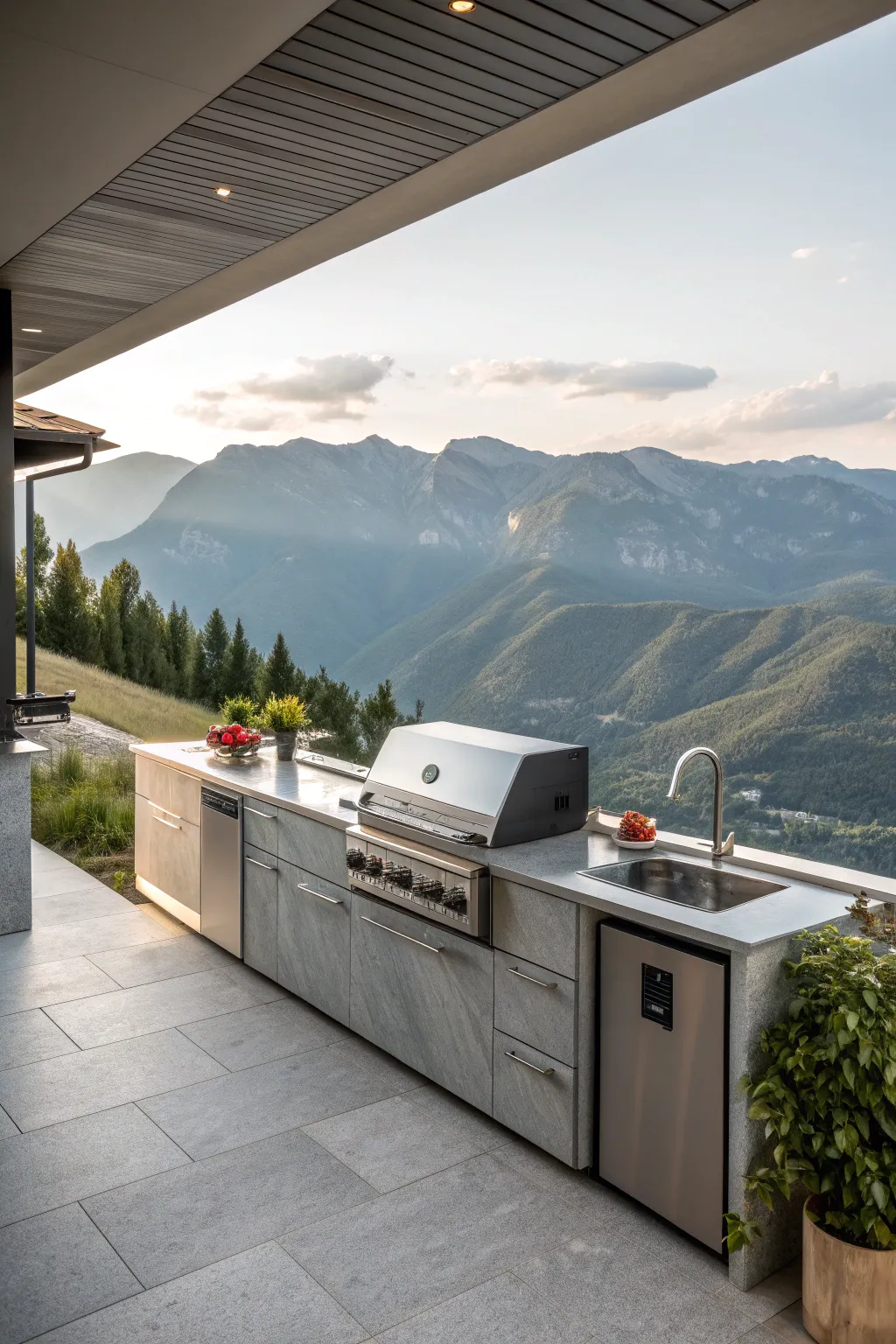 Modern outdoor kitchen with a view of the mountains