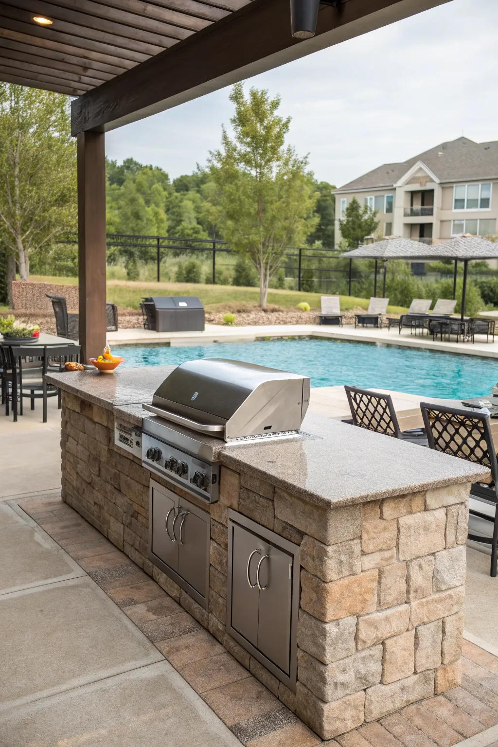 Grill area adjacent to a swimming pool with outdoor seating