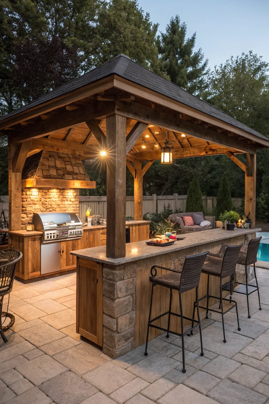 Cozy gazebo by the pool with outdoor kitchen features