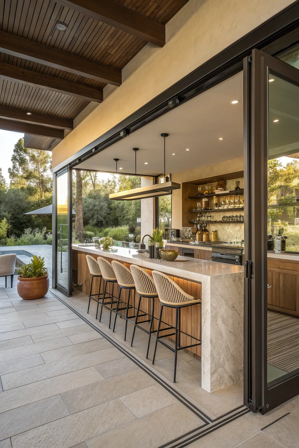 Open bar kitchen connecting indoor and outdoor spaces