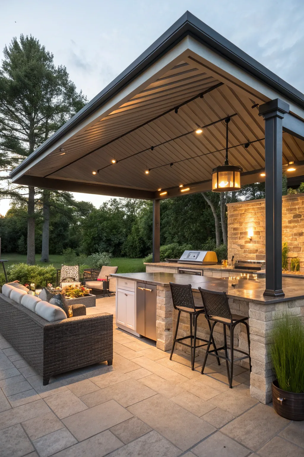 Outdoor kitchen with a covered patio providing shade and comfort