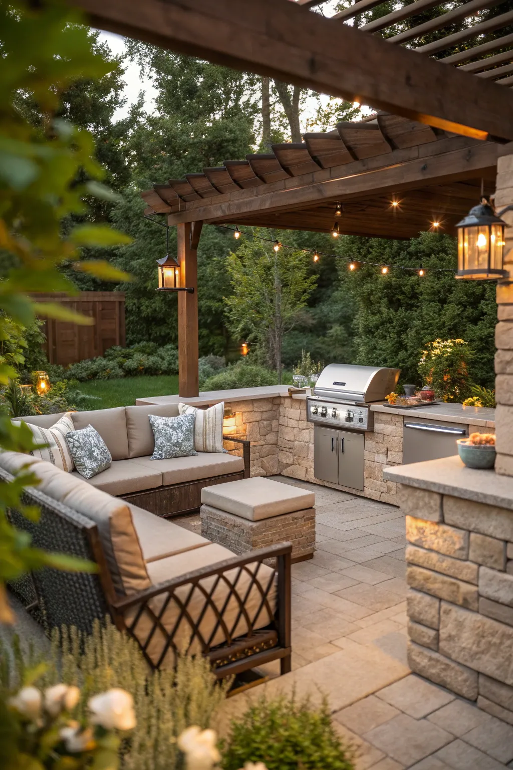 Outdoor grill area with seating and a pergola