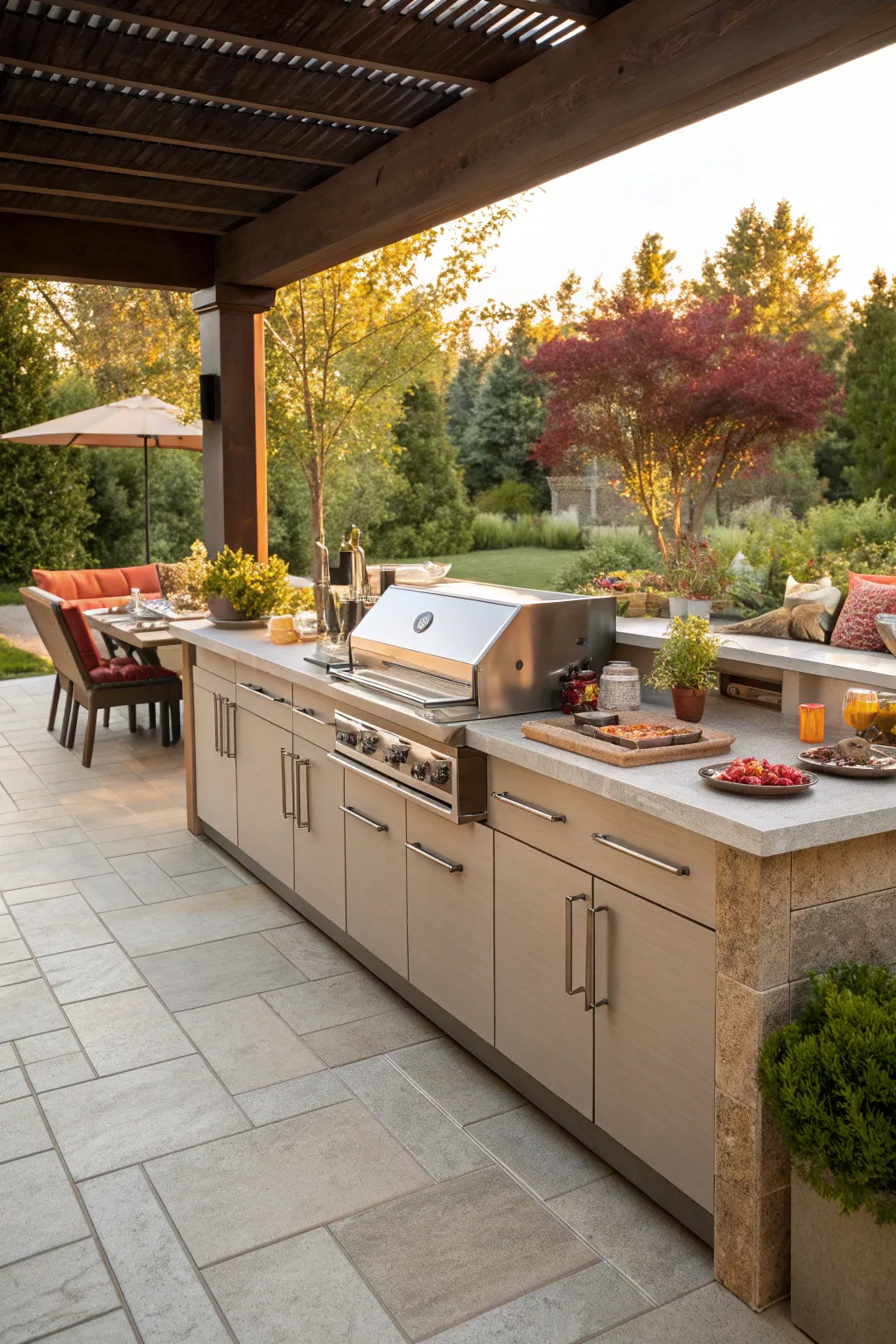 Outdoor kitchen station with grill and storage