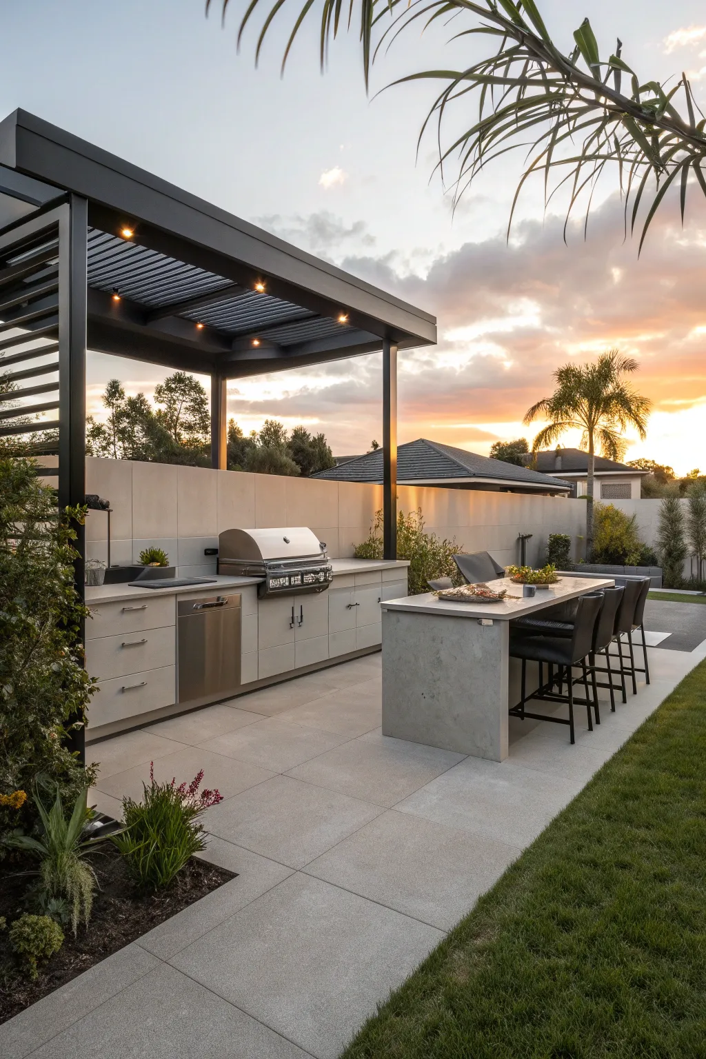 Modern backyard BBQ area with sleek finishes