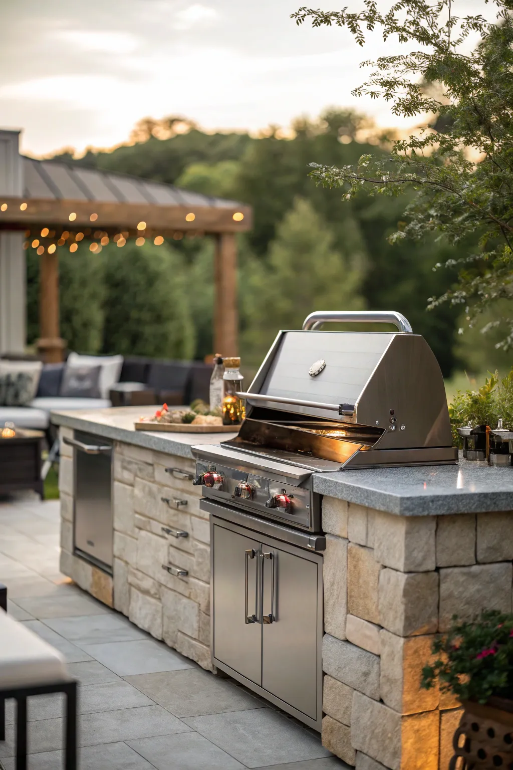 Built-in backyard grill integrated into outdoor kitchen