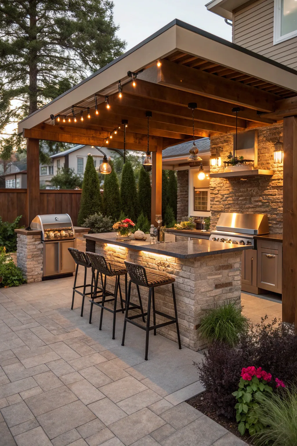 Outdoor kitchen barbeque area with a bar setup