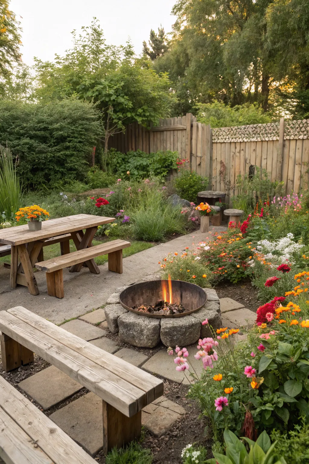 Cozy garden BBQ area with seating and fire pit