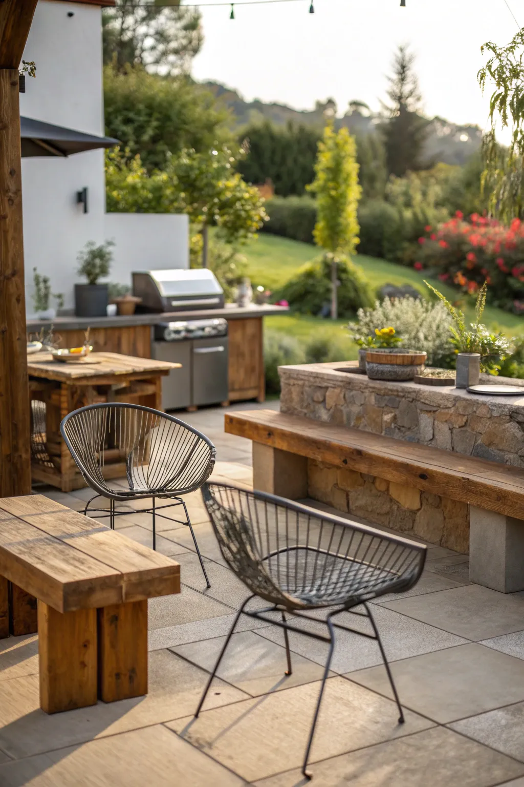 Outdoor BBQ area with stylish seating arrangement