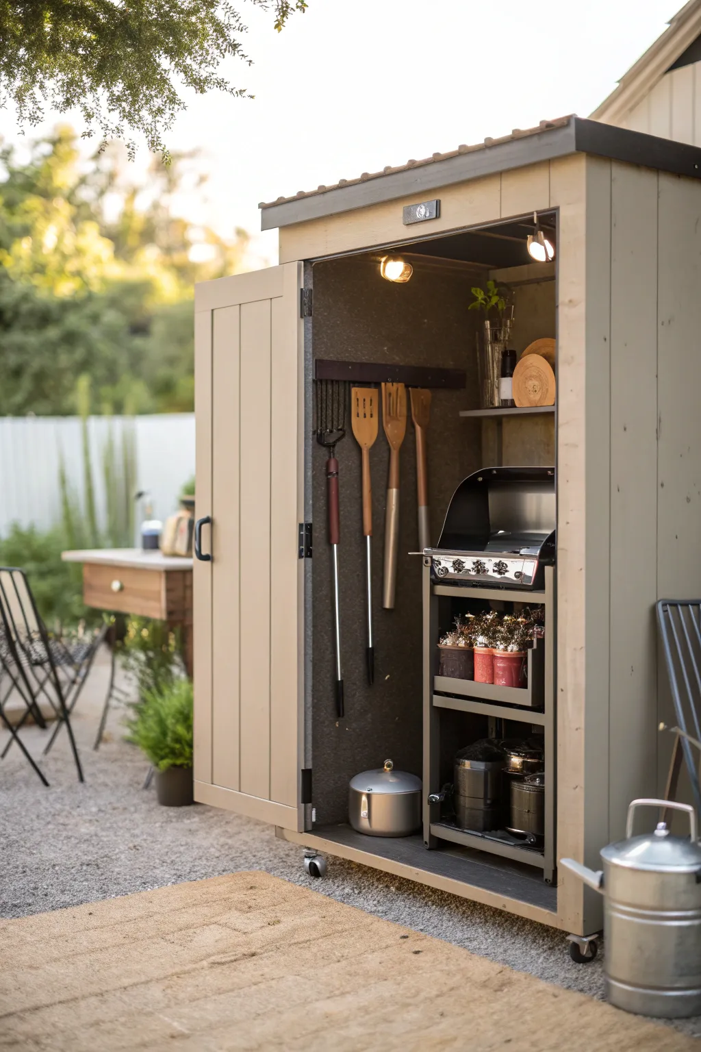 BBQ shed providing storage for grilling tools
