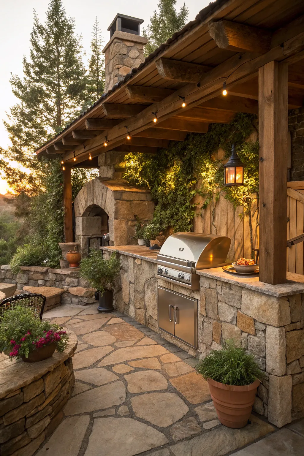 Rustic outdoor grill area with natural materials