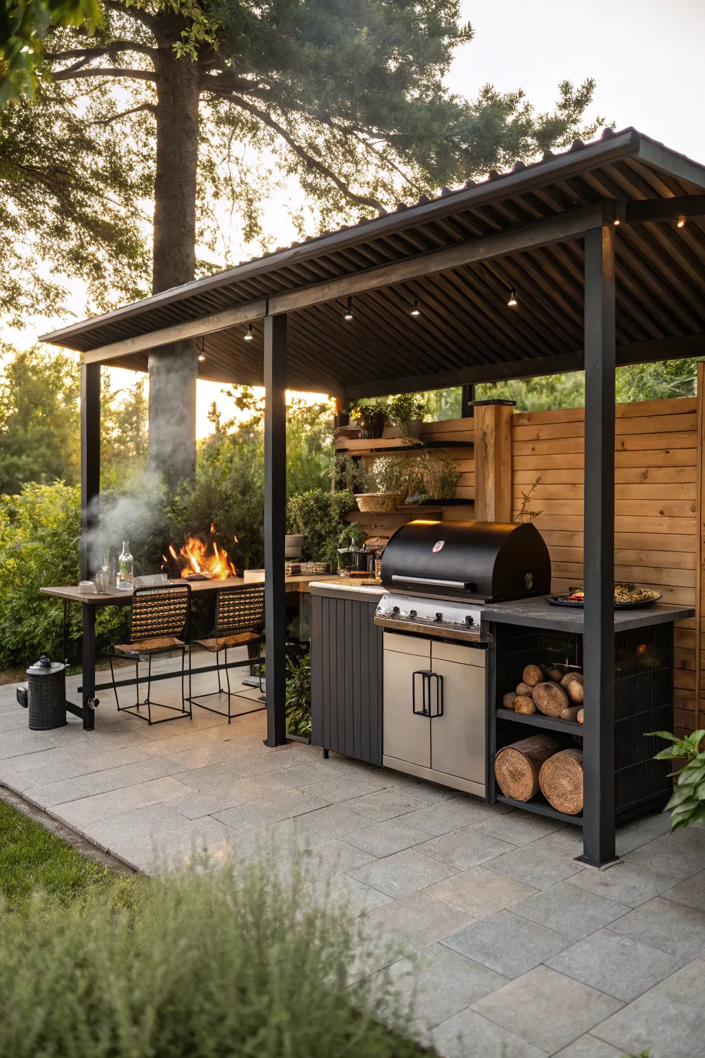 Outdoor kitchen shelter with a smoker BBQ setup