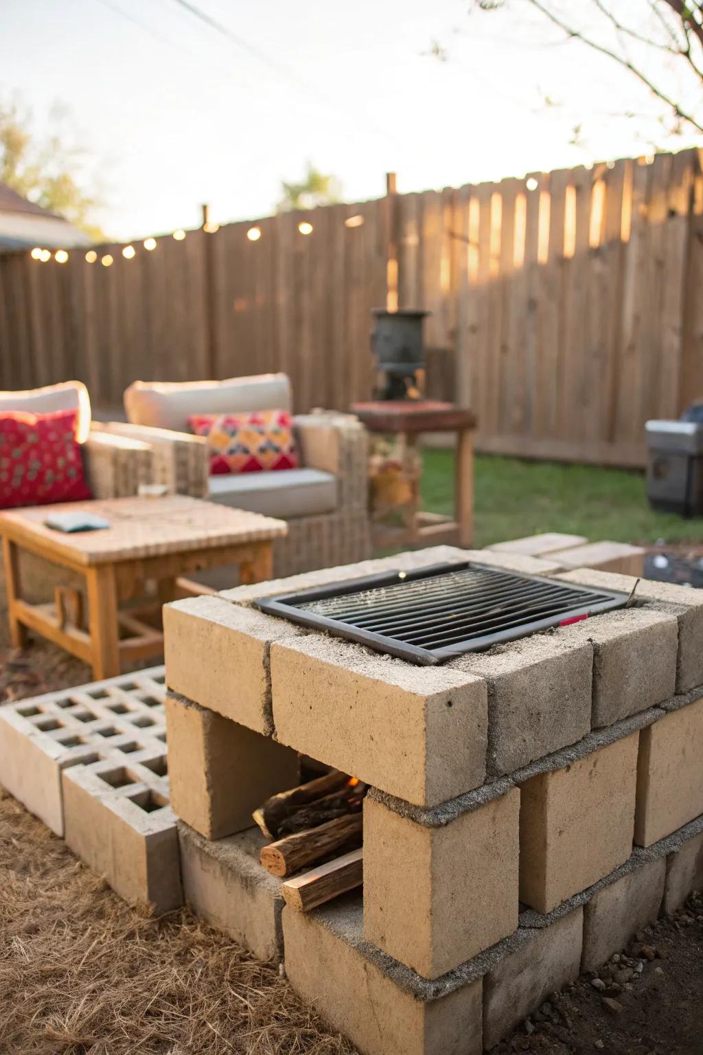DIY cinder block grill setup in backyard
