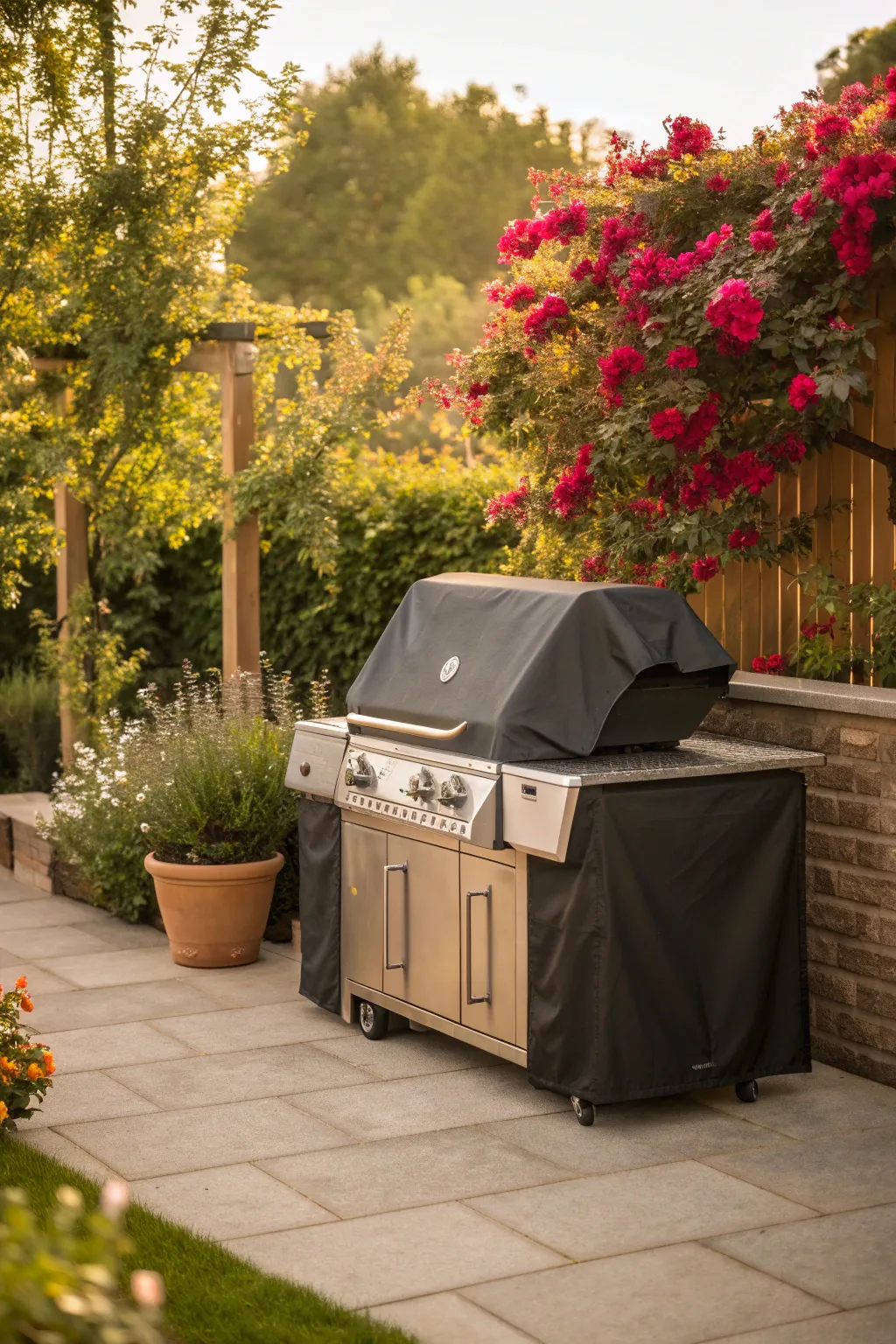 Outdoor grill with protective cover for weather protection