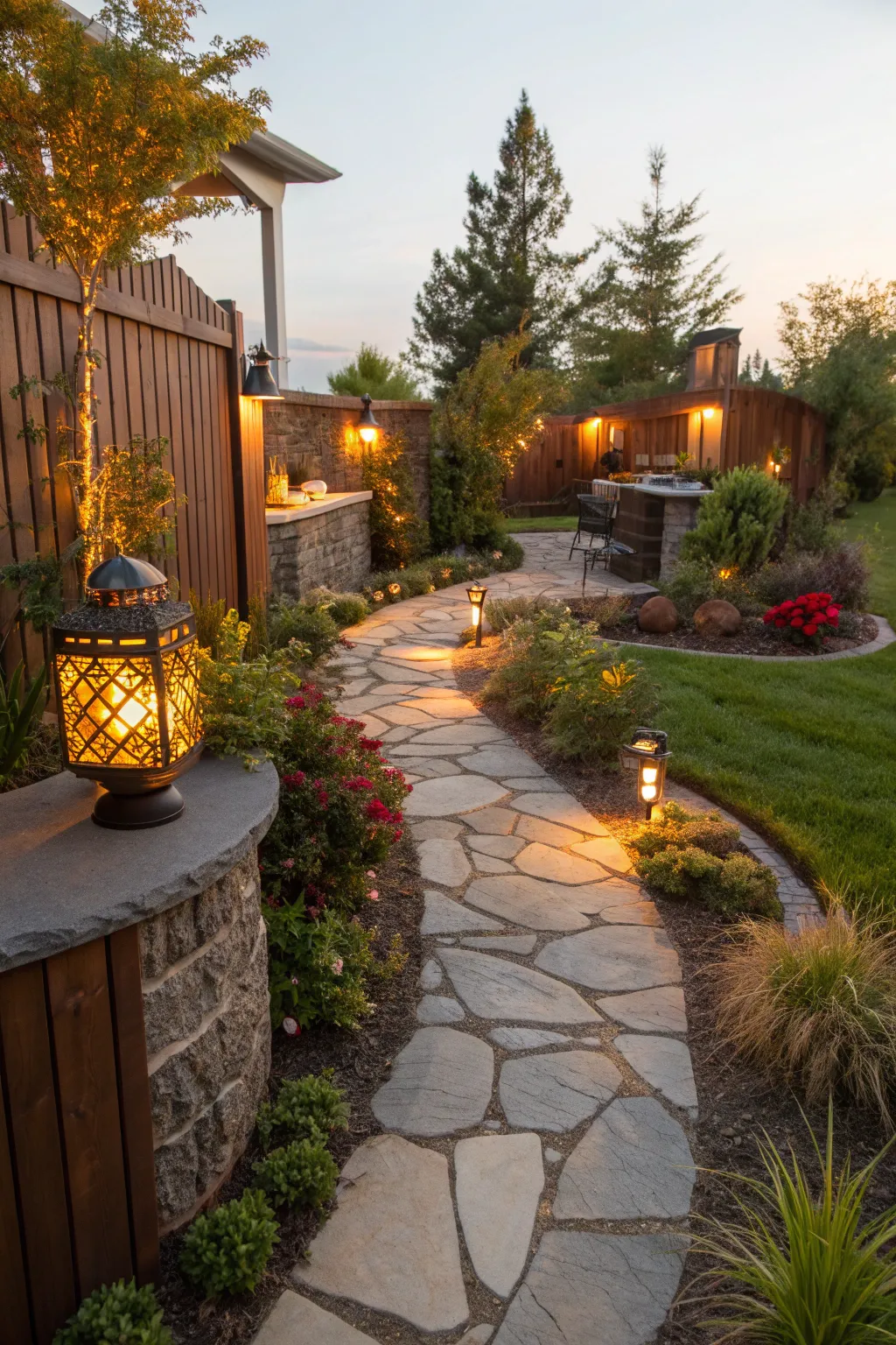Unique BBQ landscape design with pathways and plants