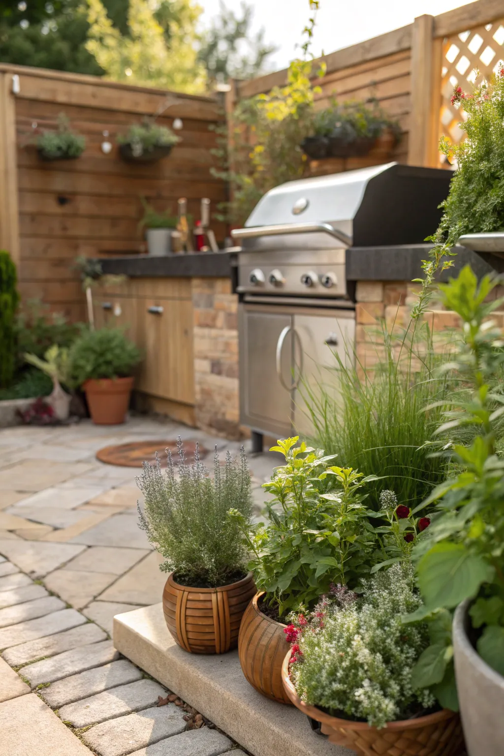 Plants and herbs around BBQ area for aesthetic appeal