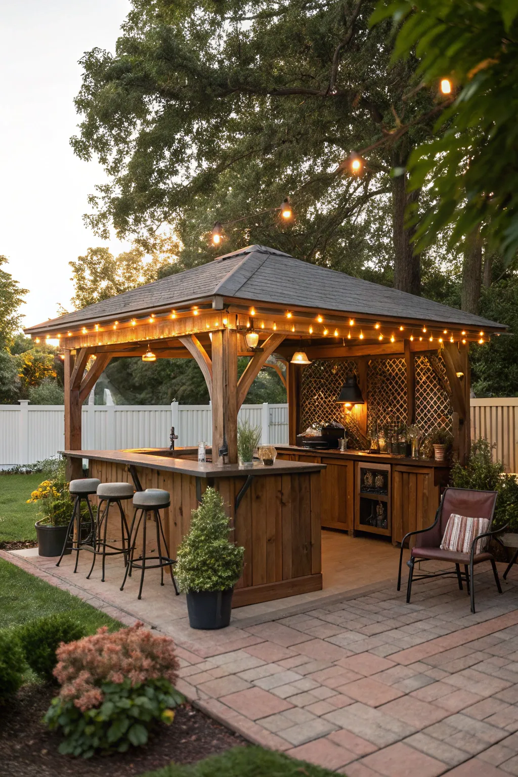 Backyard gazebo with a bar setup for entertaining