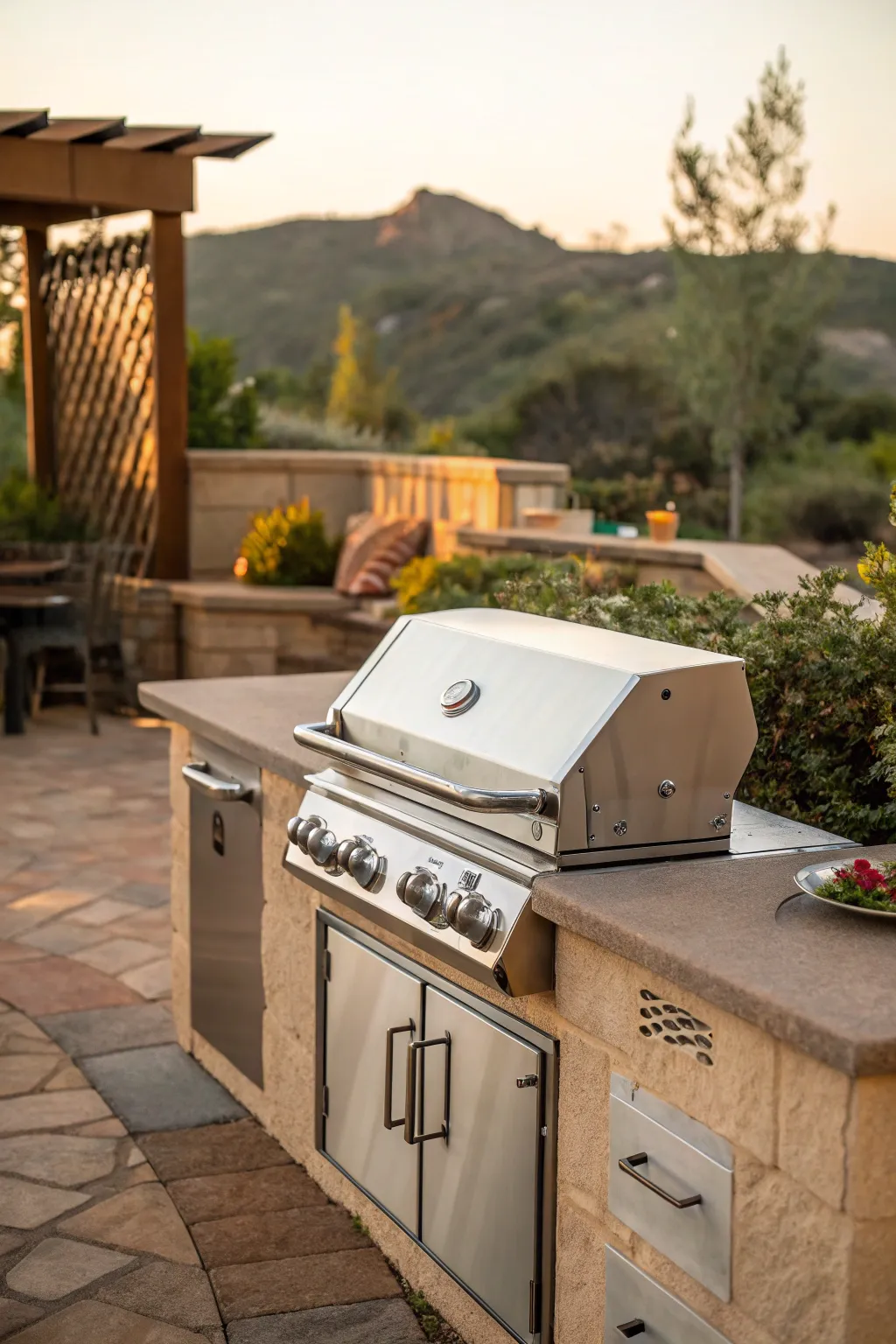 Outdoor BBQ area with built-in grill and seating