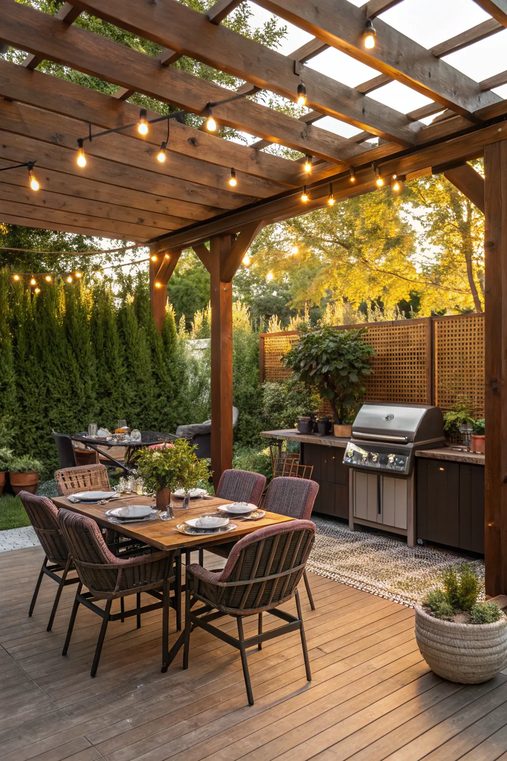 Cozy BBQ dining area with pergola and string lights