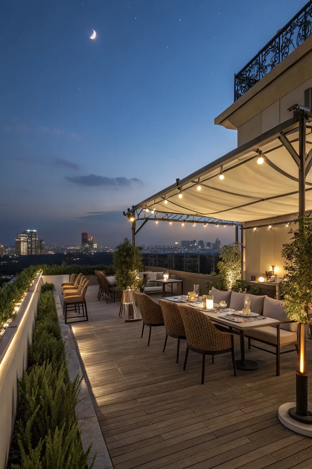 Stylish roof terrace with outdoor dining and kitchen