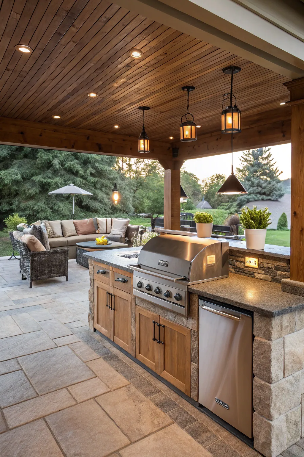 Covered outdoor kitchen with grill and seating
