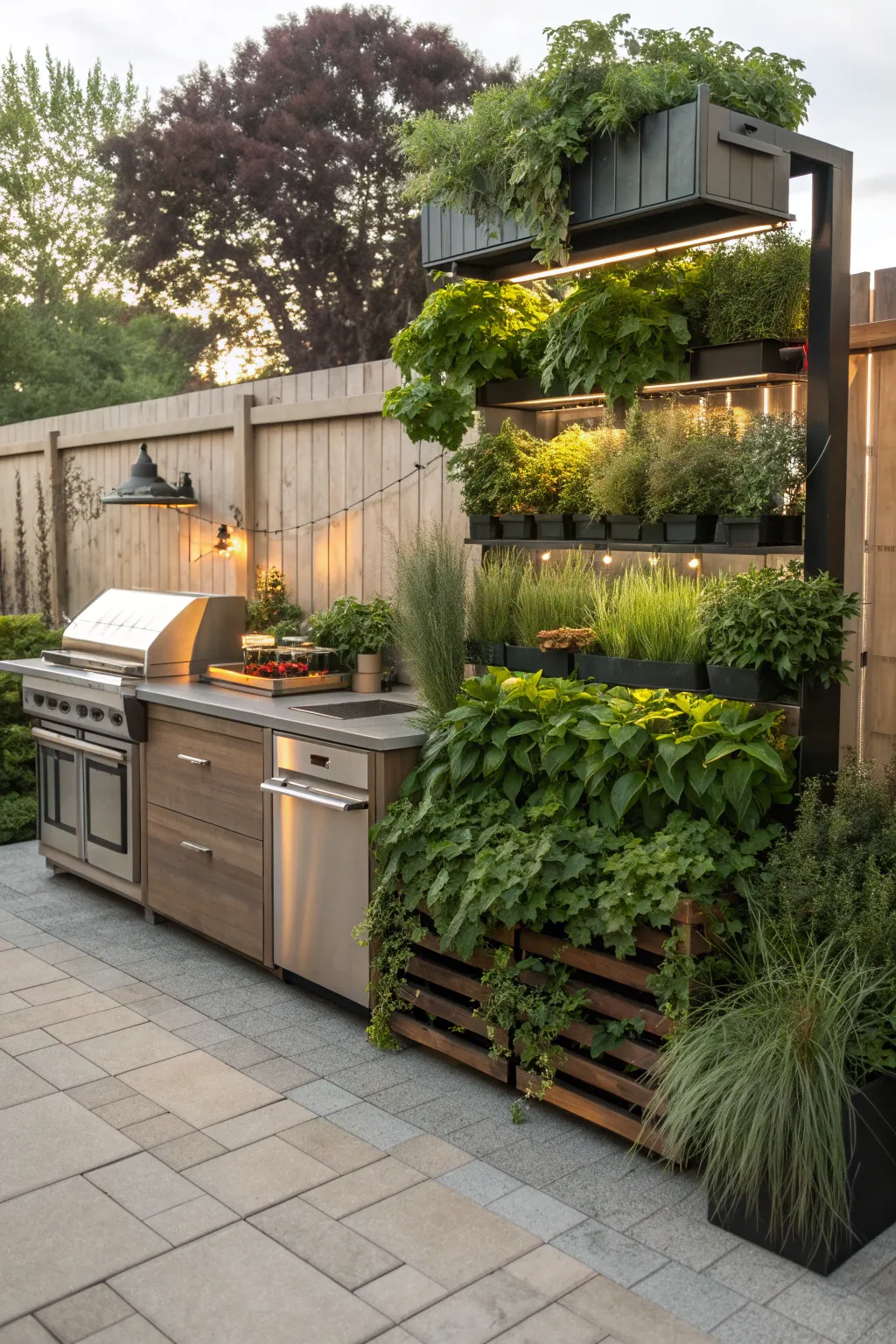 Outdoor kitchen surrounded by innovative planting ideas