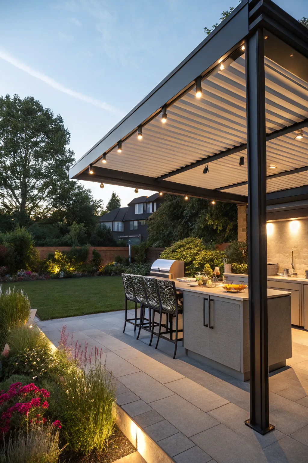 Modern pergola design providing shade for outdoor kitchen