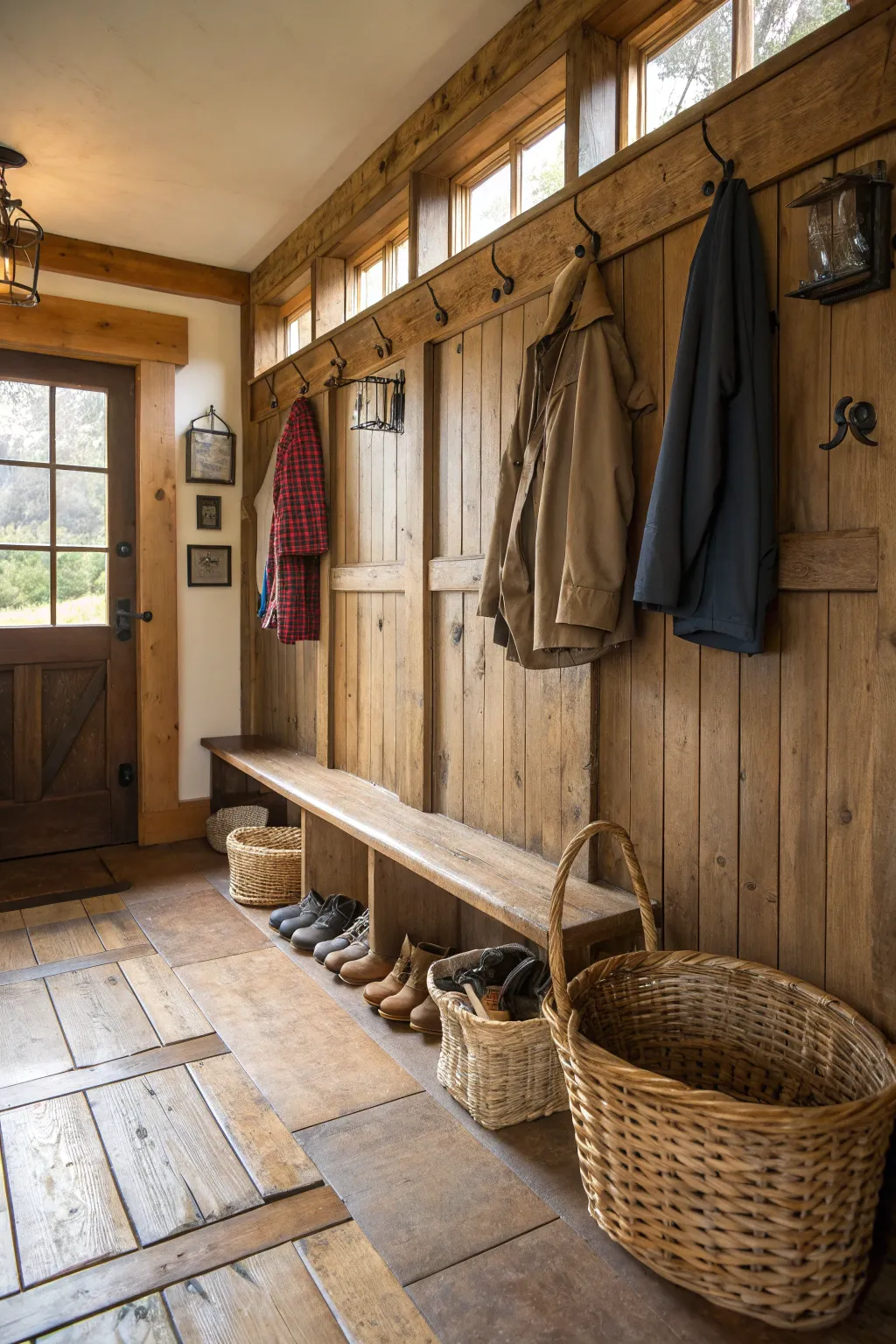 A cozy country mudroom with reclaimed wood walls, vintage hooks, and woven baskets.