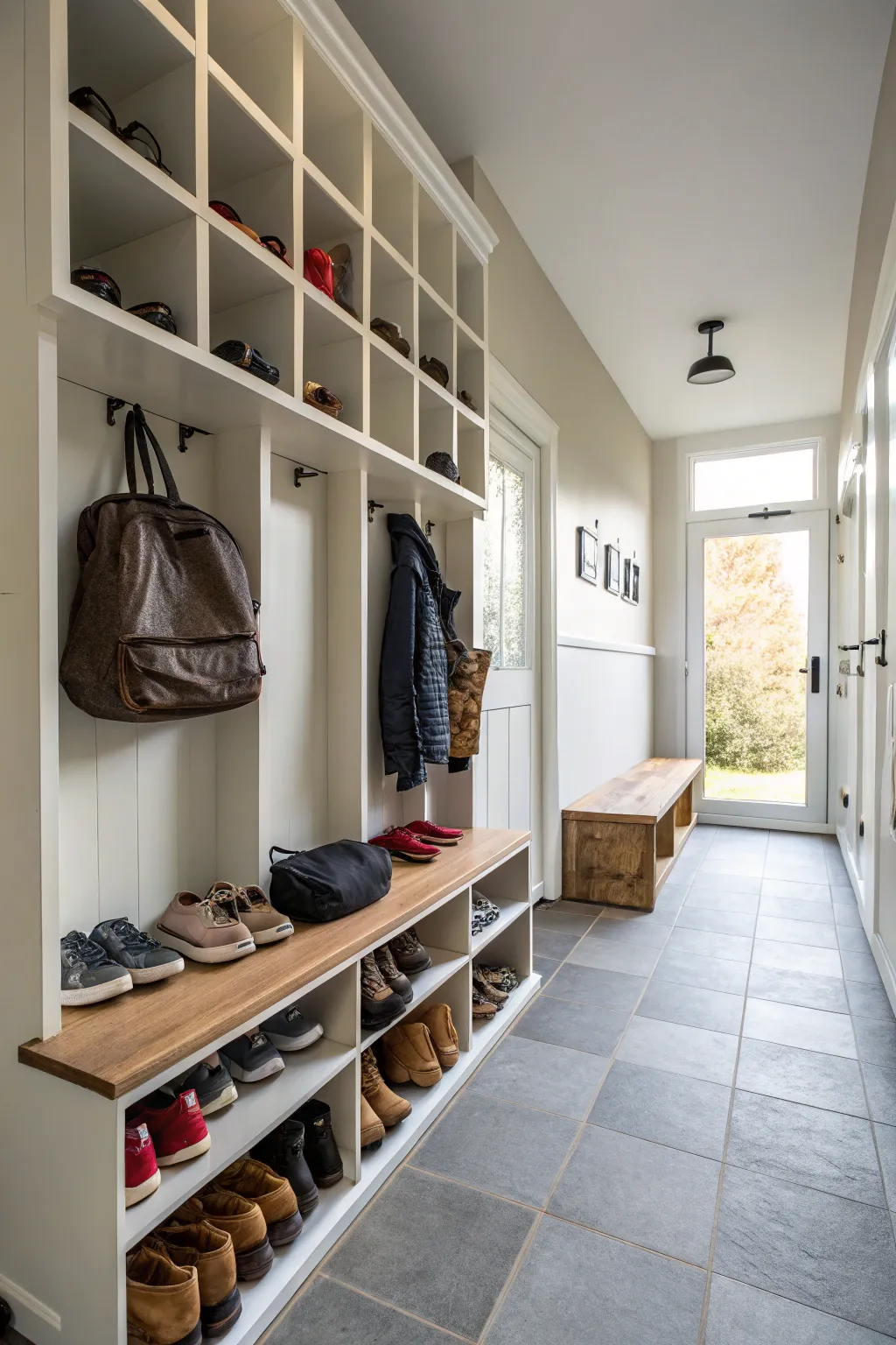 A narrow hallway with built-in shelves and a small bench for storage.