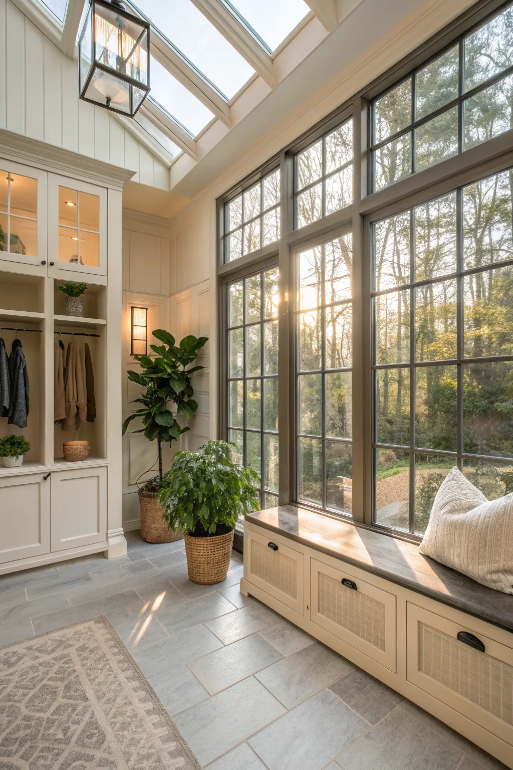 A bright glass mudroom filled with natural light and light-colored furnishings.