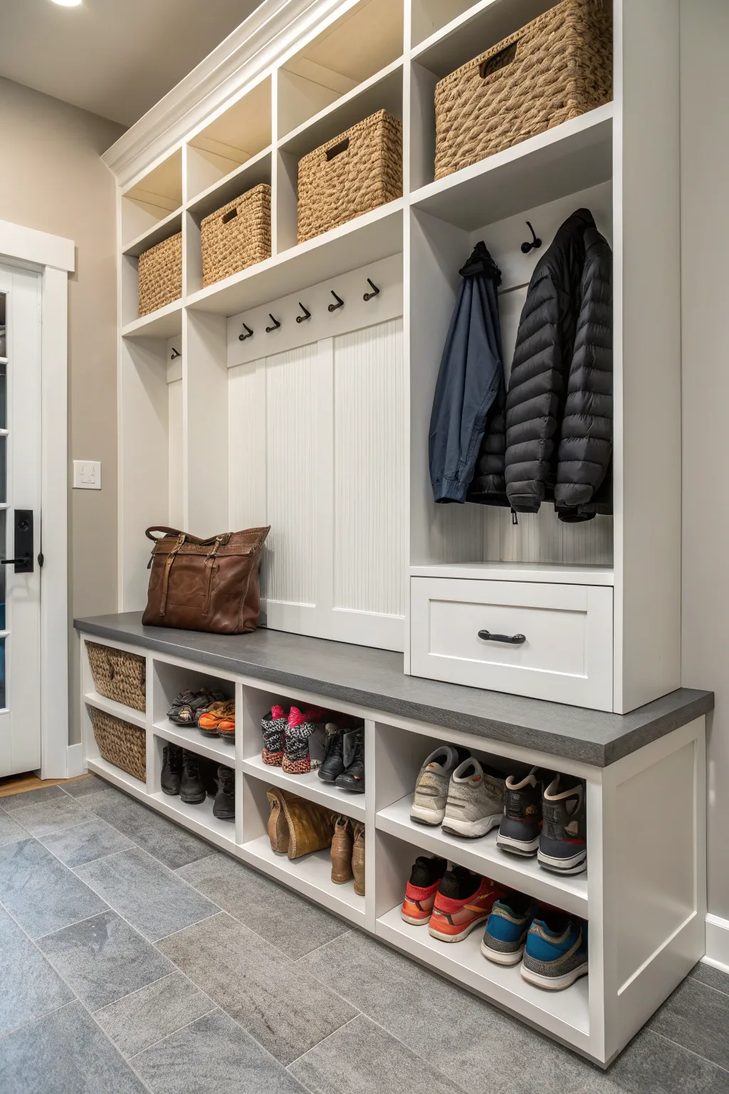 A neat mudroom with cubbies and cabinets for organized shoe storage.