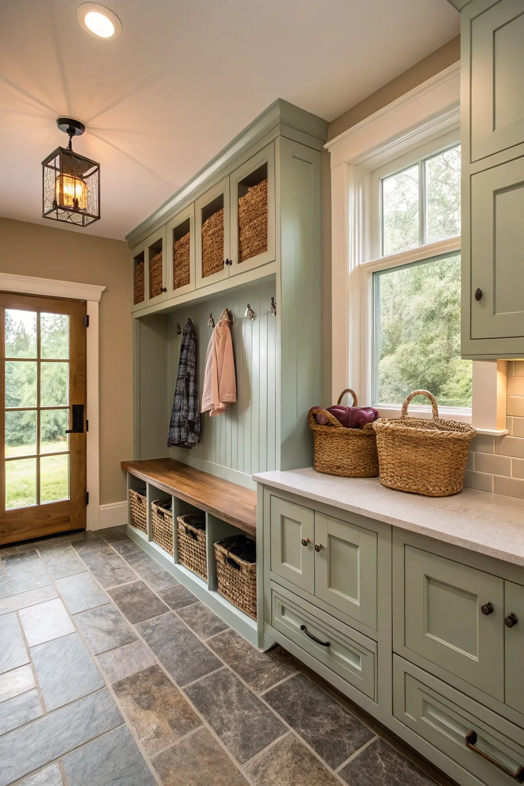 A harmonious mudroom and kitchen combo with a consistent color scheme.